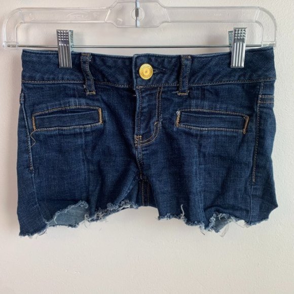 American Eagle Dark Wash Hipster Hand Cut Denim Shorts - Picture 1 of 7